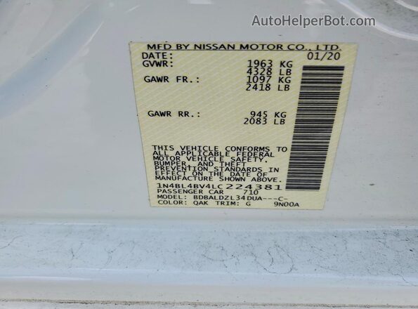 1N4BL4BV4LC224381 2020 NISSAN ALTIMA White Engine compartment view
