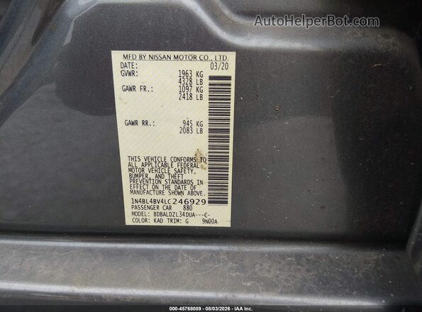 1N4BL4BV4LC246929 2020 NISSAN ALTIMA Серебряный Вид подкапотного пространства