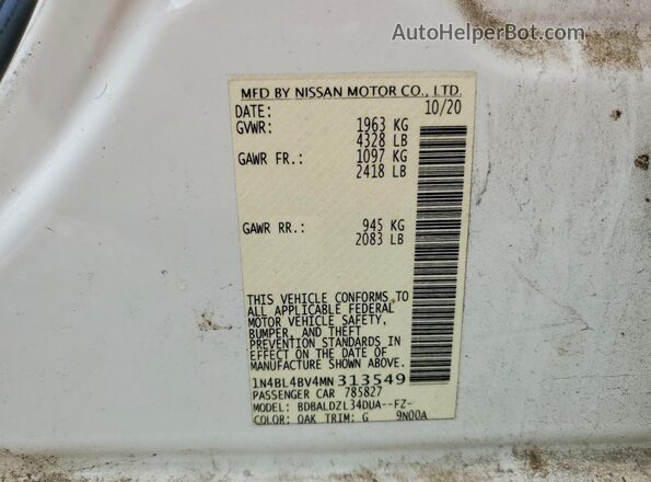 1N4BL4BV4MN313549 2021 NISSAN ALTIMA White ძრავის განყოფილების ხედი