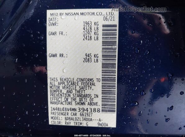 1N4BL4BV4MN394388 2021 NISSAN ALTIMA Blue Widok komory silnika