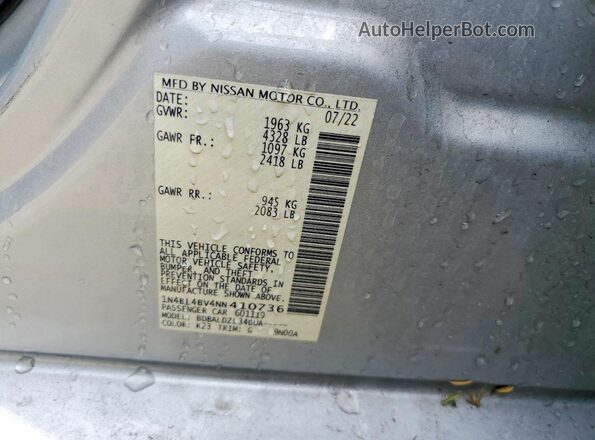 1N4BL4BV4NN410736 2022 NISSAN ALTIMA Silver Вид наклейки з VIN-кодом
