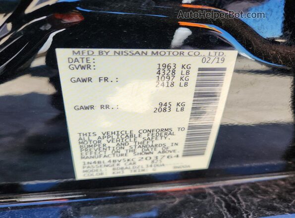 1N4BL4BV5KC203764 2019 NISSAN ALTIMA Black Շարժիչի բաժամունքի տեսք