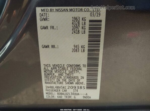 1N4BL4BV5KC209385 2019 NISSAN ALTIMA Gray Vista del compartimento del motor