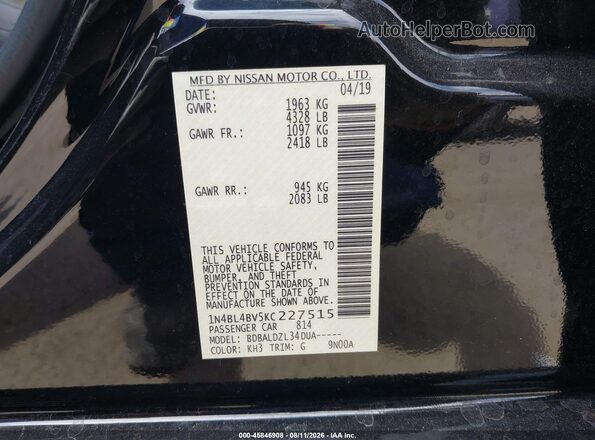 1N4BL4BV5KC227515 2019 NISSAN ALTIMA Black Вид підкапотного простору