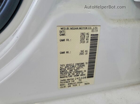 1N4BL4BV5KC245108 2019 NISSAN ALTIMA White Вид підкапотного простору