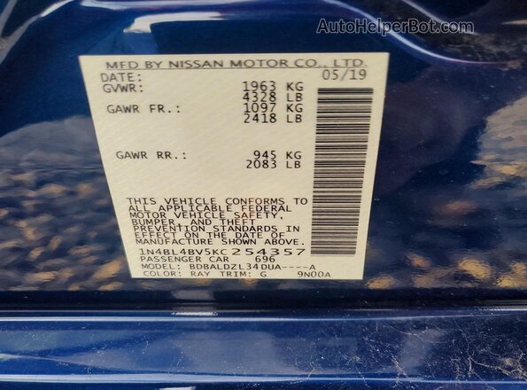1N4BL4BV5KC254357 2019 NISSAN ALTIMA Синий Вид наклейки с VIN-кодом