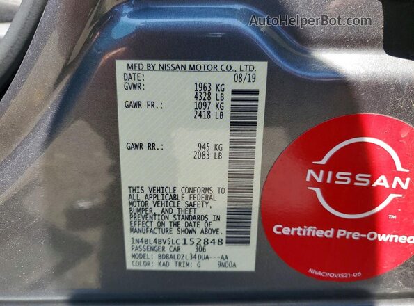1N4BL4BV5LC152848 2020 NISSAN ALTIMA Серый Вид подкапотного пространства