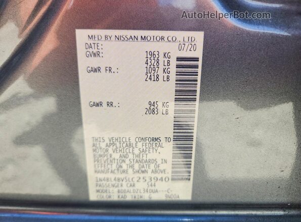 1N4BL4BV5LC253940 2020 NISSAN ALTIMA Gray VIN კოდის სტიკერის ხედი