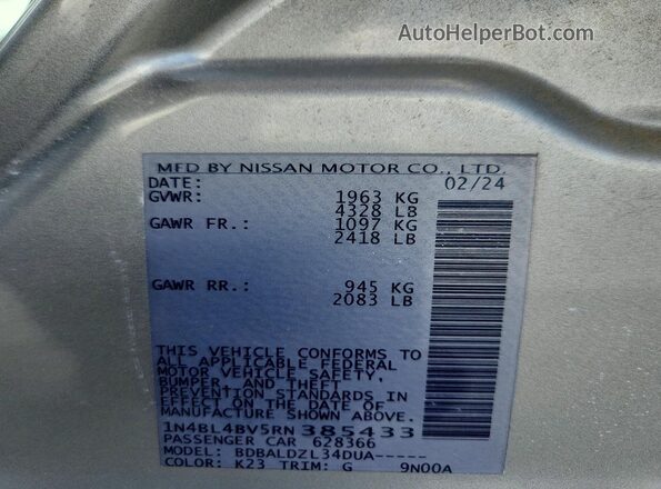 1N4BL4BV5RN385433 2024 NISSAN ALTIMA Silver Widok naklejki z numerem VIN