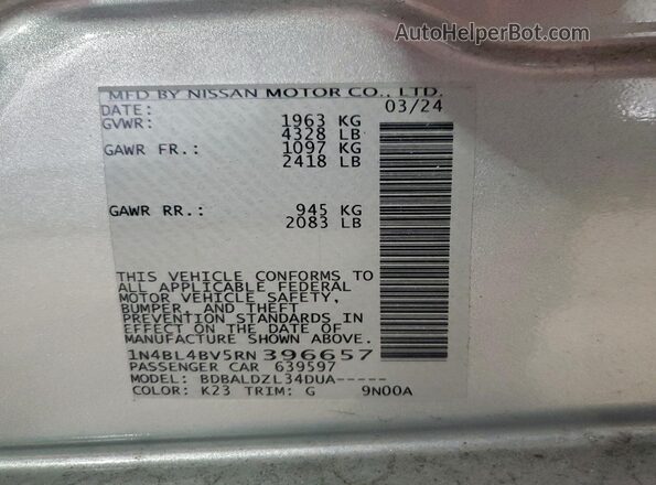 1N4BL4BV5RN396657 2024 NISSAN ALTIMA Silver Вид підкапотного простору
