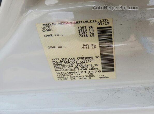 1N4BL4BV6KC213476 2019 NISSAN ALTIMA White Engine compartment view