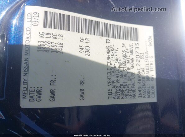 1N4BL4BV6KC220735 2019 NISSAN ALTIMA Blue ძრავის განყოფილების ხედი