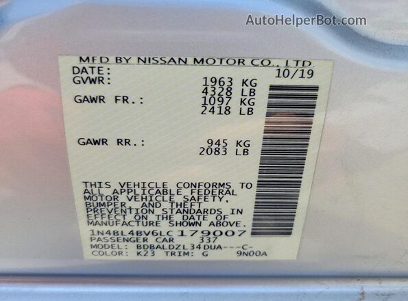 1N4BL4BV6LC179007 2020 NISSAN ALTIMA Silver VIN sticker view