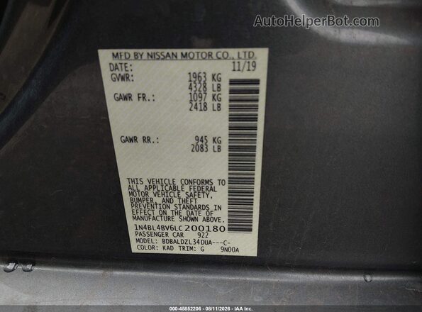 1N4BL4BV6LC200180 2020 NISSAN ALTIMA Gray Vista del compartimento del motor