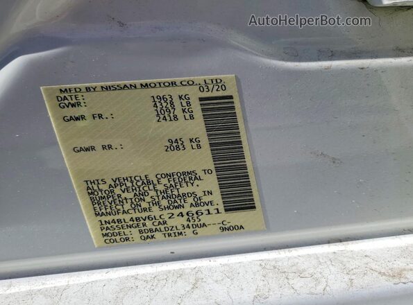 1N4BL4BV6LC246611 2020 NISSAN ALTIMA White ძრავის განყოფილების ხედი