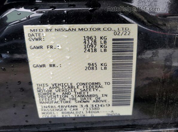 1N4BL4BV6NN343069 2022 NISSAN ALTIMA Black Widok naklejki z numerem VIN
