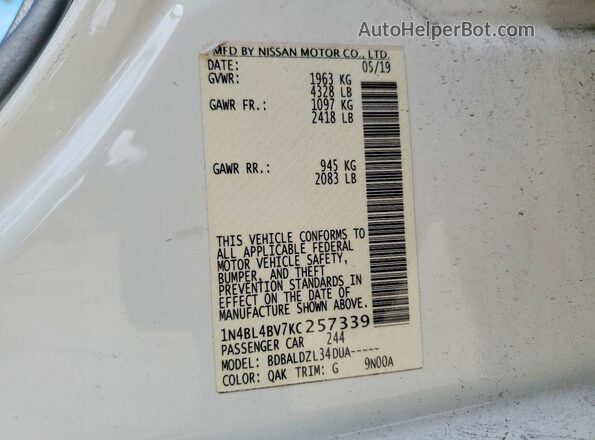 1N4BL4BV7KC257339 2019 NISSAN ALTIMA White Vista de la etiqueta del VIN
