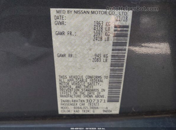 1N4BL4BV7KN307371 2019 NISSAN ALTIMA Gray Շարժիչի բաժամունքի տեսք