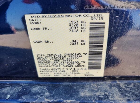 1N4BL4BV7LC171143 2020 NISSAN ALTIMA Blue ძრავის განყოფილების ხედი