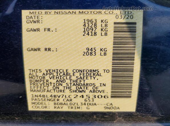 1N4BL4BV7LC245306 2020 NISSAN ALTIMA Blue Engine compartment view