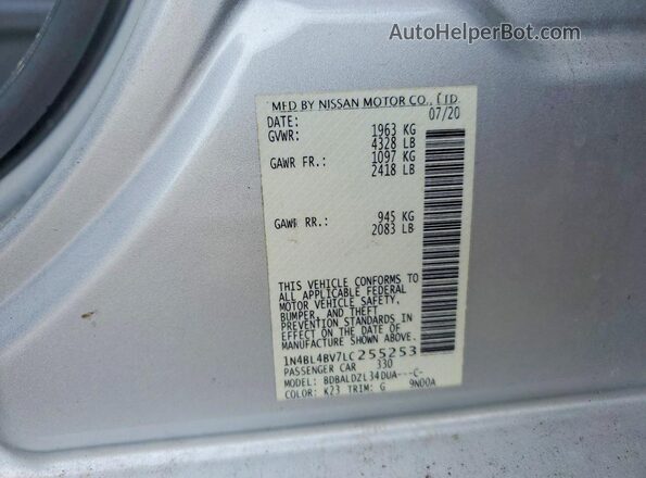 1N4BL4BV7LC255253 2020 NISSAN ALTIMA Silver VIN კოდის სტიკერის ხედი