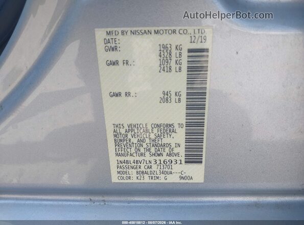1N4BL4BV7LN316931 2020 NISSAN ALTIMA Silver ძრავის განყოფილების ხედი