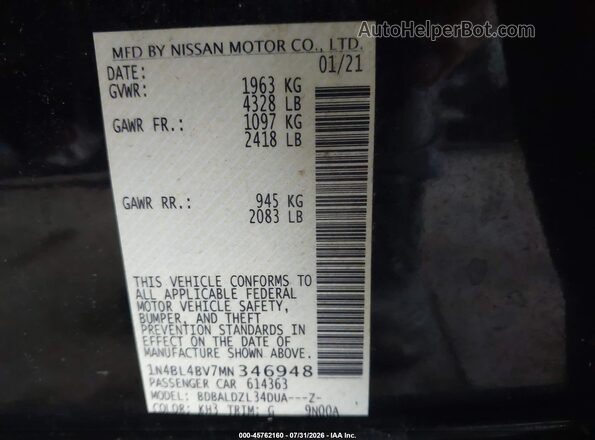 1N4BL4BV7MN346948 2021 NISSAN ALTIMA Black ძრავის განყოფილების ხედი