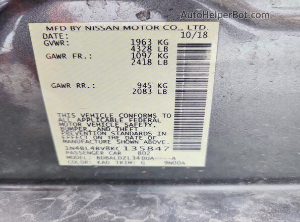 1N4BL4BV8KC135847 2019 NISSAN ALTIMA Gray Vista del compartimento del motor