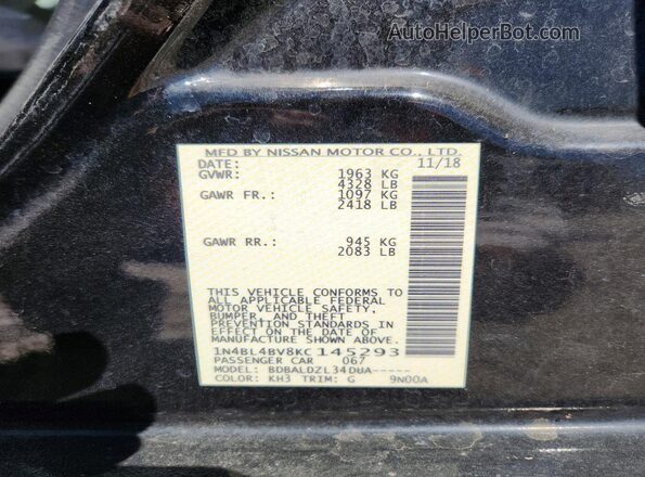 1N4BL4BV8KC145293 2019 NISSAN ALTIMA Black ძრავის განყოფილების ხედი