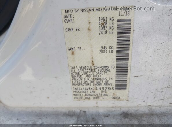 1N4BL4BV8KC149795 2019 NISSAN ALTIMA White Widok komory silnika