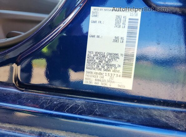 1N4BL4BV8KC153734 2019 NISSAN ALTIMA Blue Widok naklejki z numerem VIN
