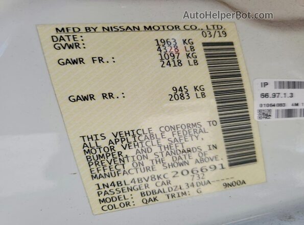 1N4BL4BV8KC206691 2019 NISSAN ALTIMA White Вид підкапотного простору
