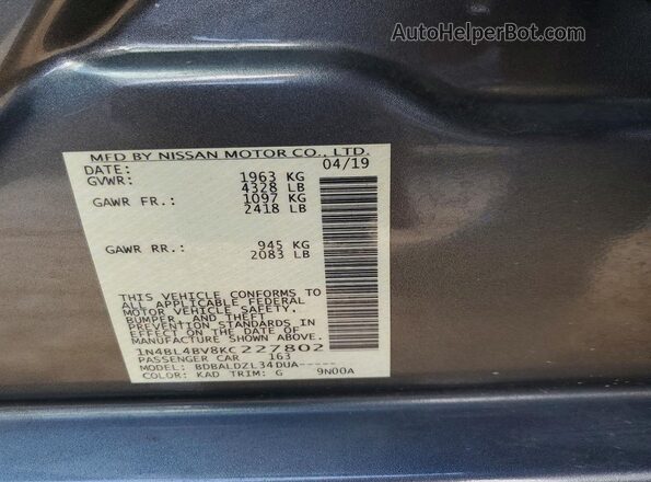 1N4BL4BV8KC227802 2019 NISSAN ALTIMA Gray Vista de la etiqueta del VIN