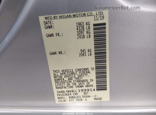 1N4BL4BV8LC199954 2020 NISSAN ALTIMA Серебряный Вид подкапотного пространства