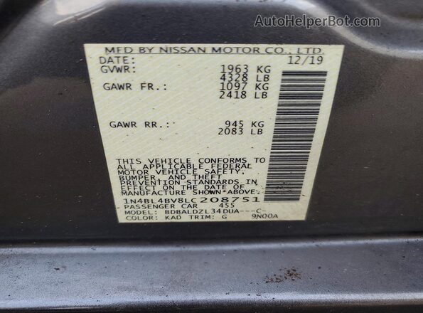 1N4BL4BV8LC208751 2020 NISSAN ALTIMA Серебряный Вид наклейки с VIN-кодом