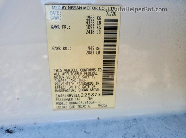 1N4BL4BV8LC225873 2020 NISSAN ALTIMA White Vista del compartimento del motor