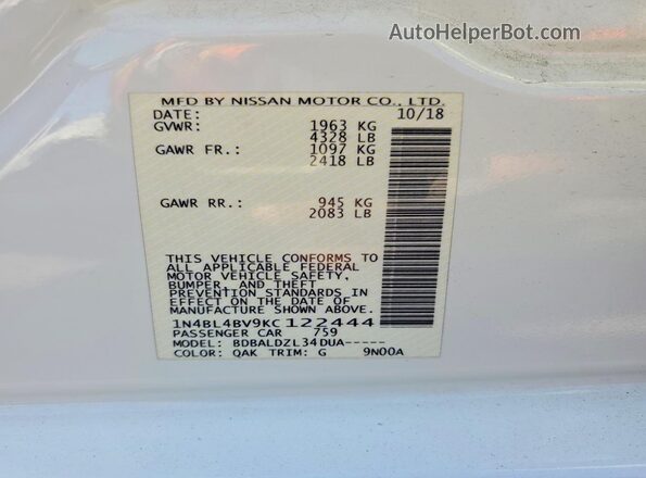 1N4BL4BV9KC122444 2019 NISSAN ALTIMA White ძრავის განყოფილების ხედი