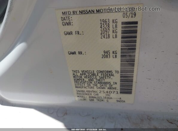 1N4BL4BV9KC254071 2019 NISSAN ALTIMA White Widok komory silnika