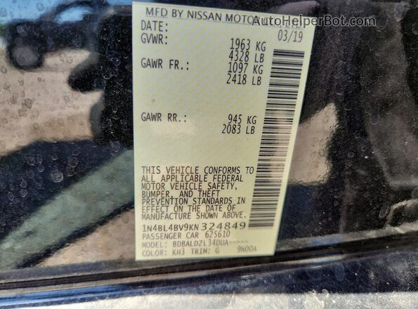 1N4BL4BV9KN324849 2019 NISSAN ALTIMA Black ძრავის განყოფილების ხედი