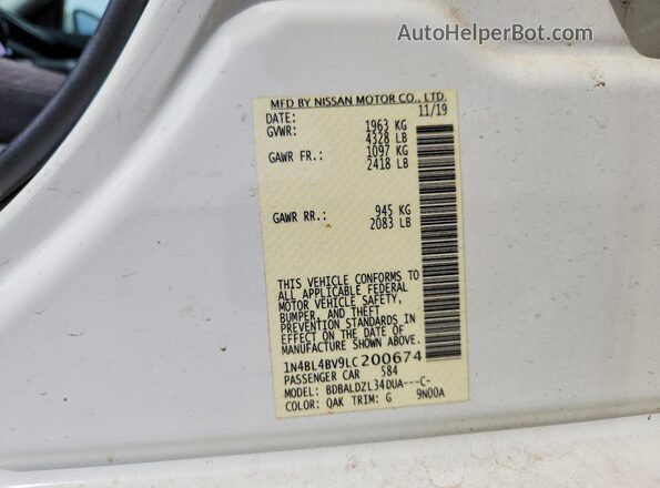 1N4BL4BV9LC200674 2020 NISSAN ALTIMA White Widok komory silnika