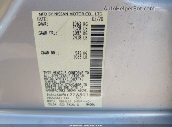 1N4BL4BV9LC228801 2020 NISSAN ALTIMA Серебряный Вид подкапотного пространства