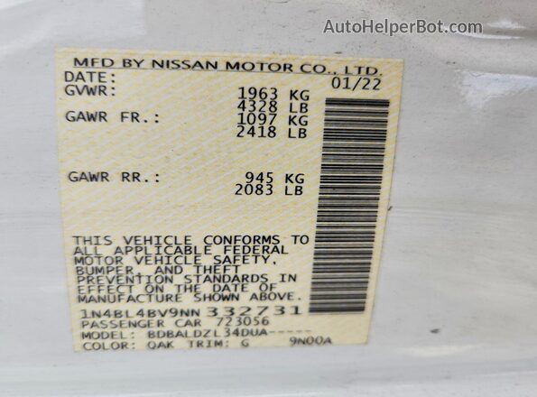 1N4BL4BV9NN332731 2022 NISSAN ALTIMA White Engine compartment view