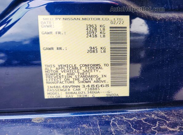 1N4BL4BV9NN348668 2022 NISSAN ALTIMA Синий Вид подкапотного пространства