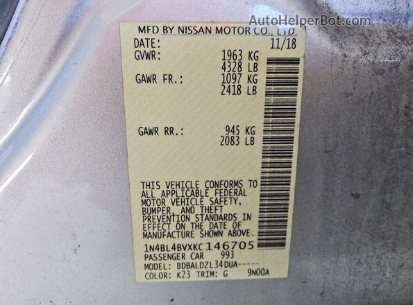 1N4BL4BVXKC146705 2019 NISSAN ALTIMA Silver VIN sticker view