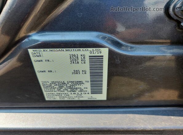 1N4BL4BVXKC181194 2019 NISSAN ALTIMA Charcoal Vista de la etiqueta del VIN