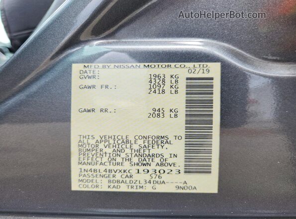 1N4BL4BVXKC193023 2019 NISSAN ALTIMA Gray Շարժիչի բաժամունքի տեսք