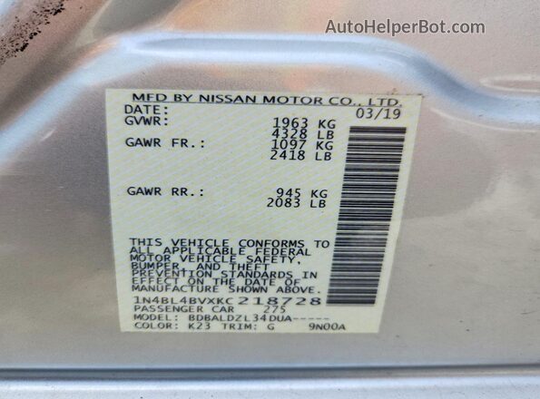 1N4BL4BVXKC218728 2019 NISSAN ALTIMA Серебряный Вид подкапотного пространства