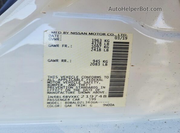 1N4BL4BVXKC219748 2019 NISSAN ALTIMA White ძრავის განყოფილების ხედი