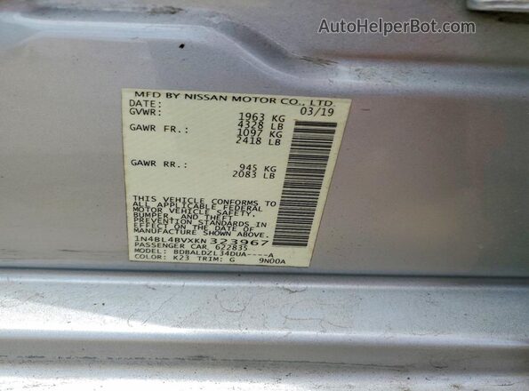 1N4BL4BVXKN323967 2019 NISSAN ALTIMA Silver Widok komory silnika