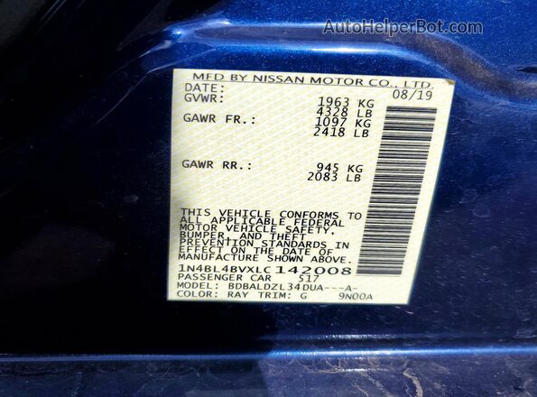 1N4BL4BVXLC142008 2020 NISSAN ALTIMA Blue Vista del compartimento del motor
